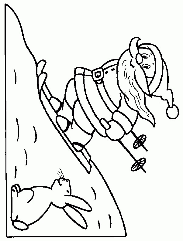 Mikołaj na nartach spotyka zająca kolorowanka do druku